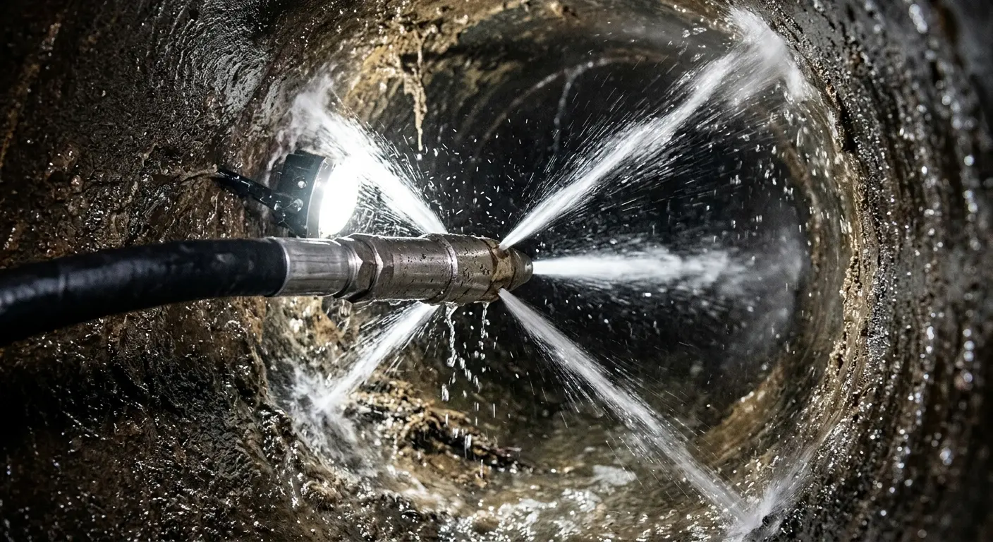 High-pressure hydro jetting nozzle cleaning sewer pipe for Emergency Drain Service in Duvall