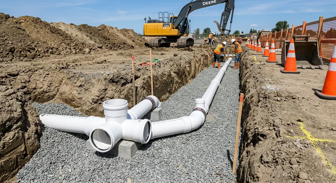New PVC sewer pipe installation in open trench for Sewer Backup in Duvall