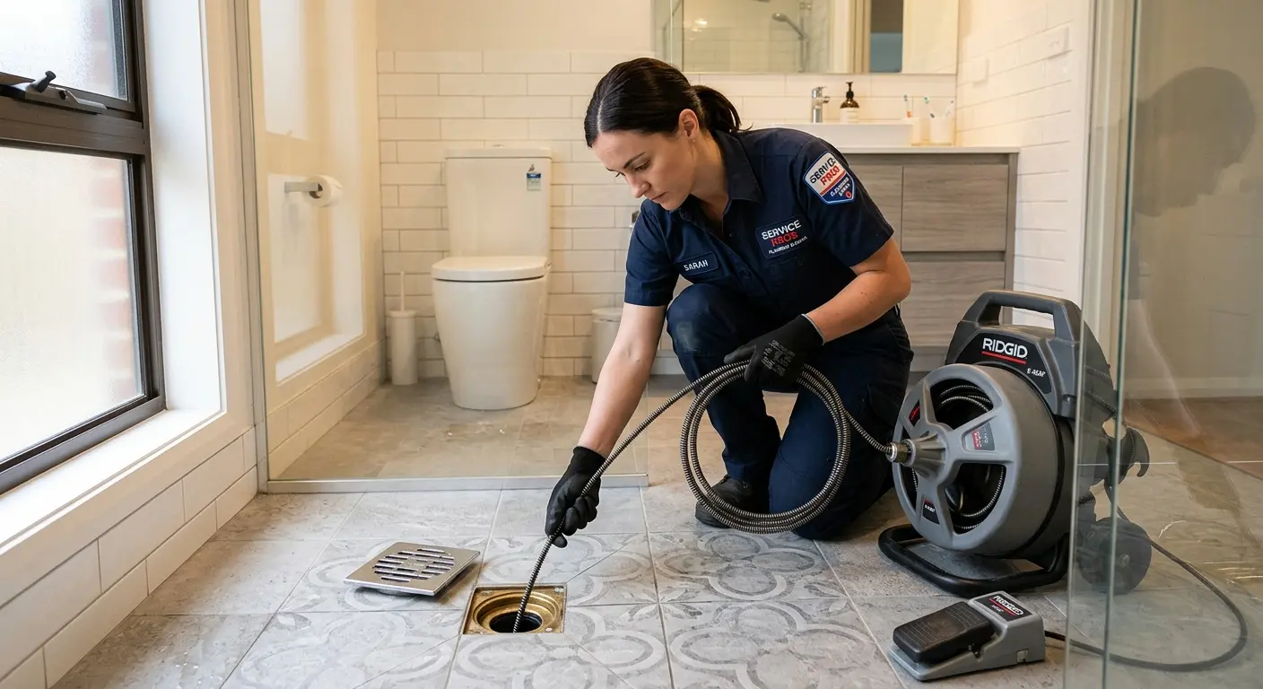 Technician clearing a bathroom floor drain for Hydro Jetting in Duvall